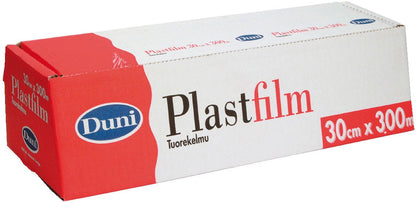 A rectangular box of Duni GmbH Transparent PVC Cling Film 300 m, labeled "30 cm x 300 m", features a red-white design with a blue logo. The unopened box keeps food fresh and displays "Tuorekelmu" under the product name.