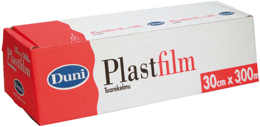 Eine rechteckige Schachtel der Duni GmbH Frischhaltefolie Transparent PVC 300 m, beschriftet mit "30 cm x 300 m", zeigt ein rot-weißes Design mit blauem Logo. Der ungeöffnete Karton hält Lebensmittel frisch und zeigt "Tuorekelmu" unter dem Produktnamen.