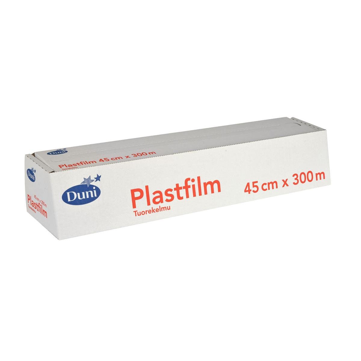 A rectangular white box with the inscription "Duni GmbH Transparent PVC Cling Film 300 m" in blue and red lettering, ideal for keeping food fresh. The 45 cm wide roll is delivered in packaging with a perforated edge for easy removal.