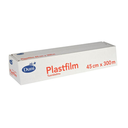 A rectangular white box with the inscription "Duni GmbH Transparent PVC Cling Film 300 m" in blue and red lettering, ideal for keeping food fresh. The 45 cm wide roll is delivered in packaging with a perforated edge for easy removal.