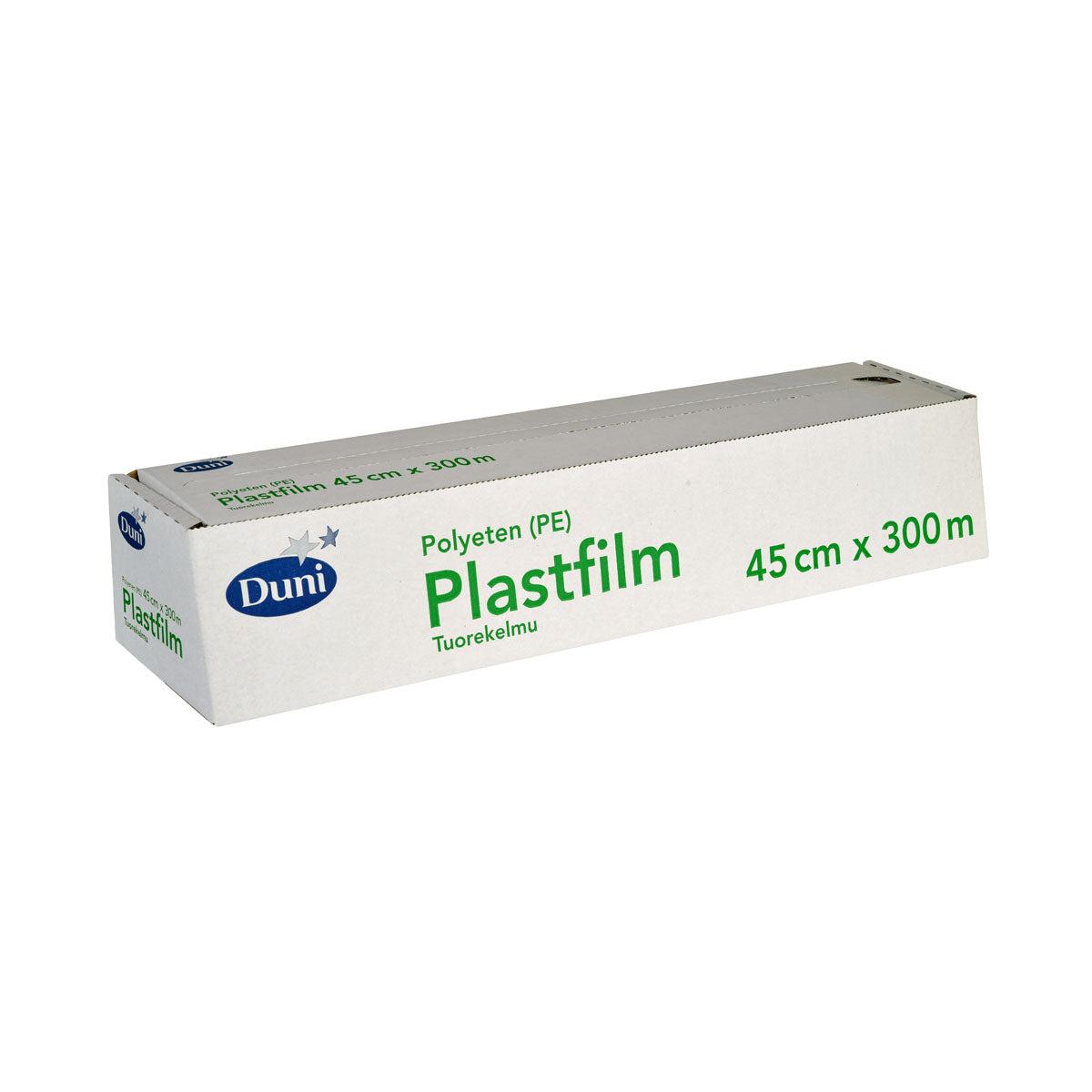 Ein rechteckiger weißer Karton der Duni GmbH Frischhaltefolie Transparent PE 45cm x 300m, beschriftet mit grünem Text und mehrsprachigen Produktangaben auf der Seite.
