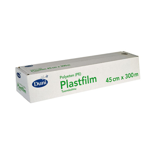 Ein rechteckiger weißer Karton der Duni GmbH Frischhaltefolie Transparent PE 45cm x 300m, beschriftet mit grünem Text und mehrsprachigen Produktangaben auf der Seite.