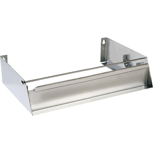 Der Duni GmbH Spender für 450 mm Folien Grau Stahl 45cm ist ein Metallspender mit gezackten Kanten und einer horizontalen Stange zum Schneiden und Halten von Rollen, mit Löchern zur einfachen Wandmontage. Packung: 1 Stück.