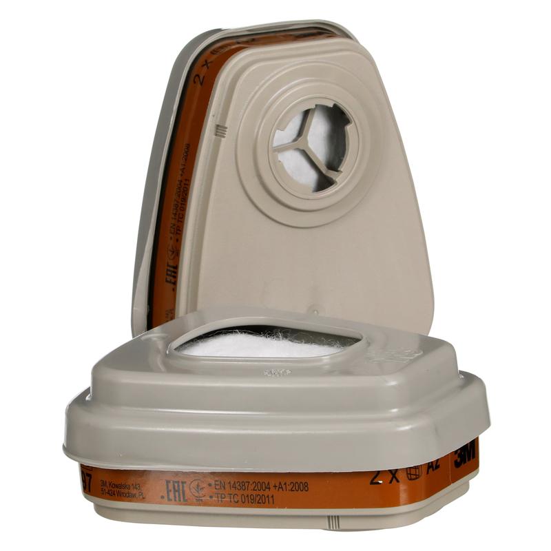 Pictured are two beige, rectangular 3M™ Filter Set 6002-1SP A2P2 filters from 3M Deutschland GmbH - one upright, one flat - with a white circle in the middle and brown lettering at the bottom. The package contains 2x6055, 2x5925, and 2x501.