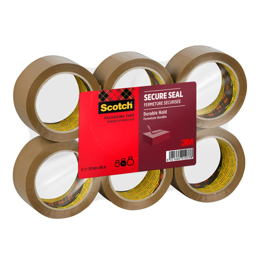 Sechs Rollen Scotch® Verpackungsklebeband für einen sicheren Verschluss (50 mm x 66 m) der 3M Deutschland GmbH sind in Kunststoff eingewickelt und tragen auf der Vorderseite ein Etikett mit dem 3M-Logo und Produktangaben.