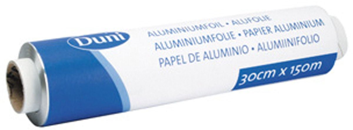 A roll of aluminum foil, refill roll Silver ALU from Duni GmbH in white-blue packaging, labeled with "30cm x 150m" and information in several languages - ideal as a refill roll for the kitchen.