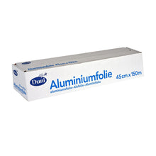 Die Duni GmbH Aluminiumfolie, Abrollkarton Silber ALU ist eine rechteckige silberne Rolle, beschriftet mit "Aluminiumfolie", hitzebeständig und ideal für Lebensmittelverpackungen, mit Abmessungen von 45 cm x 150 m.