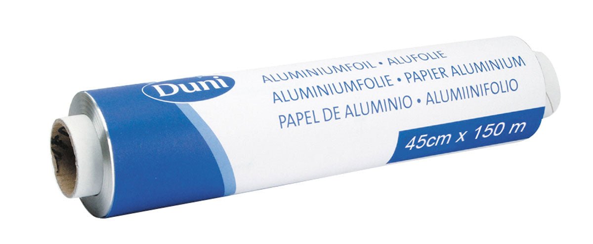 The aluminum foil, refill roll Silver ALU from Duni GmbH comes in blue and white packaging, is labeled in multiple languages, and measures 45 cm x 150 m - perfect for any kitchen.
