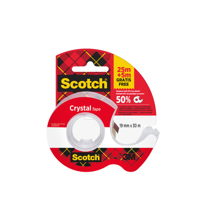 Eine Rolle Scotch® Crystal Klebeband (19mm x 25m) plus 5m GRATIS auf einem Handabroller, von 3M Deutschland GmbH, in einem klaren Spender mit klassischer rot-gelber Verpackung.