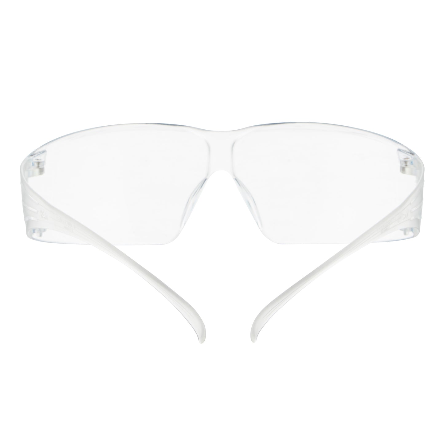 Die 3M™ SecureFit™ Schutzbrille 200 der 3M Deutschland GmbH ist von vorne zu sehen, mit klarem Kunststoffrahmen und transparenten Gläsern und Bügeln vor weißem Hintergrund.