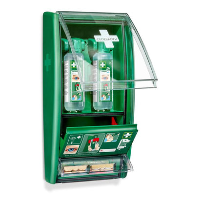 Die Orkla Wound Care AB Cederroth Augenspülstation enthält 2 x 500 ml Augenspülflaschen und einen Salvequick Pflasterspender, die alle durch durchsichtige Abdeckungen geschützt sind - ideal für Notfallsituationen bei der Augenspülung.