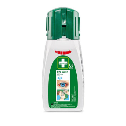 Das Cederroth Augenspülung Taschenmodell 235 ml von Orkla Wound Care AB hat eine grüne Kappe und ein illustriertes Etikett für eine schnelle Erste-Hilfe-Anwendung, ideal für die Behandlung von Augenverletzungen. Jede Packung enthält 235 Flaschen.