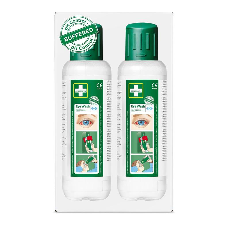 Cederroth Augenspülung 2 x 500 ml von Orkla Wound Care AB: Zwei weiße Flaschen mit grünem Verschluss und einem Augenetikett mit der Aufschrift pH Control Buffered. Perfekt für eine schnelle Reaktion bei Augenunfällen. Die Packung enthält 2 Stück (2er-Pack).