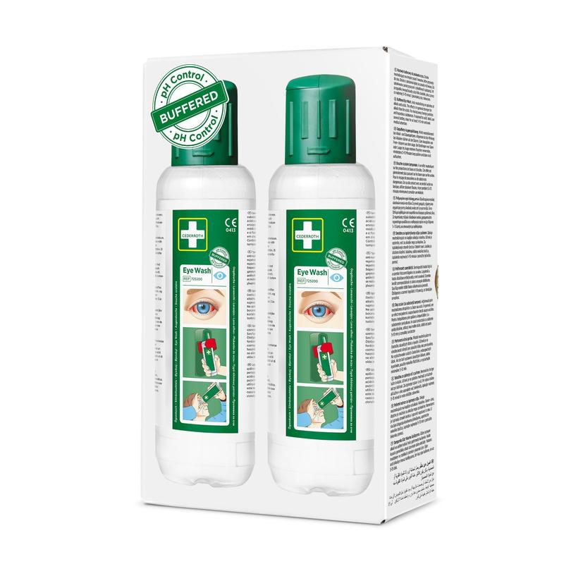 Eine weiße Schachtel enthält zwei 500-ml-Flaschen Cederroth Augenspülung von Orkla Wound Care AB, jeweils mit einer grünen Kappe und einer Anleitung zur Augenspülung. Die Schachtel zeigt eine grüne "BUFFERED" pH-Grafik - ideal für Augenunfälle. Die Packung enthält 2 Stück.
