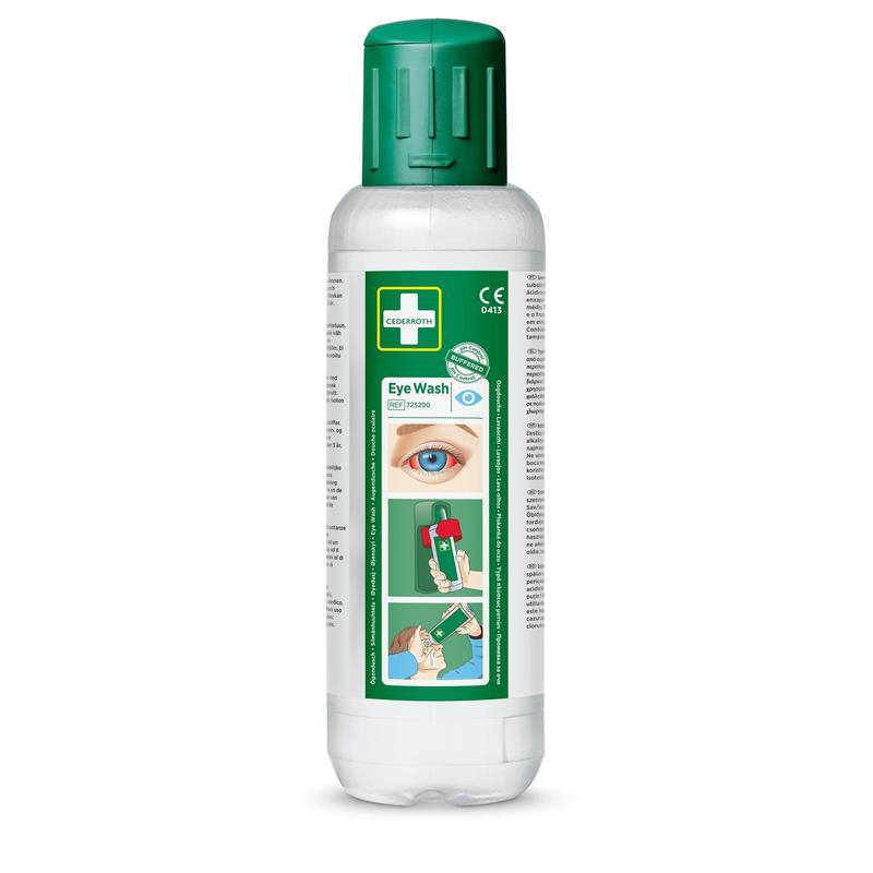 Weiße Kunststoffflasche mit grünem Verschluss und der Aufschrift "Cederroth augenspülung 2 x 500 ml, 2er-pack" von Orkla Wound Care AB. Das Etikett enthält ein illustriertes Auge, Anweisungen, Produktinformationen und eine Zertifizierung für die schnelle Reaktion auf Augenunfälle.