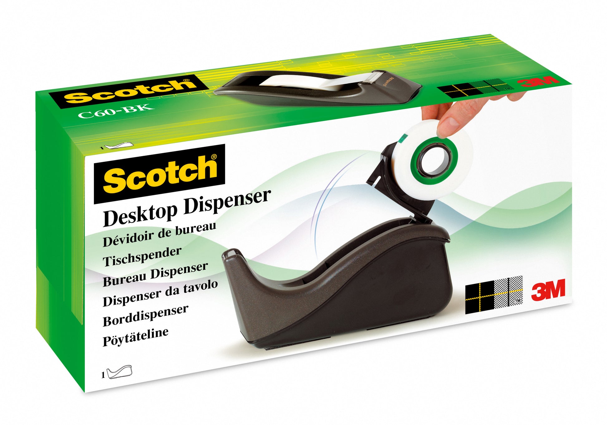 Eine Schachtel Scotch™ Klebeband-Abroller C60 + Scotch® Magic™ Unsichtbares Klebeband (19 mm x 33 mm) der 3M Deutschland GmbH zeigt einen schwarzen Klebebandabroller mit Klebeband, Angaben in mehreren Sprachen und dem 3M Logo unten rechts.
