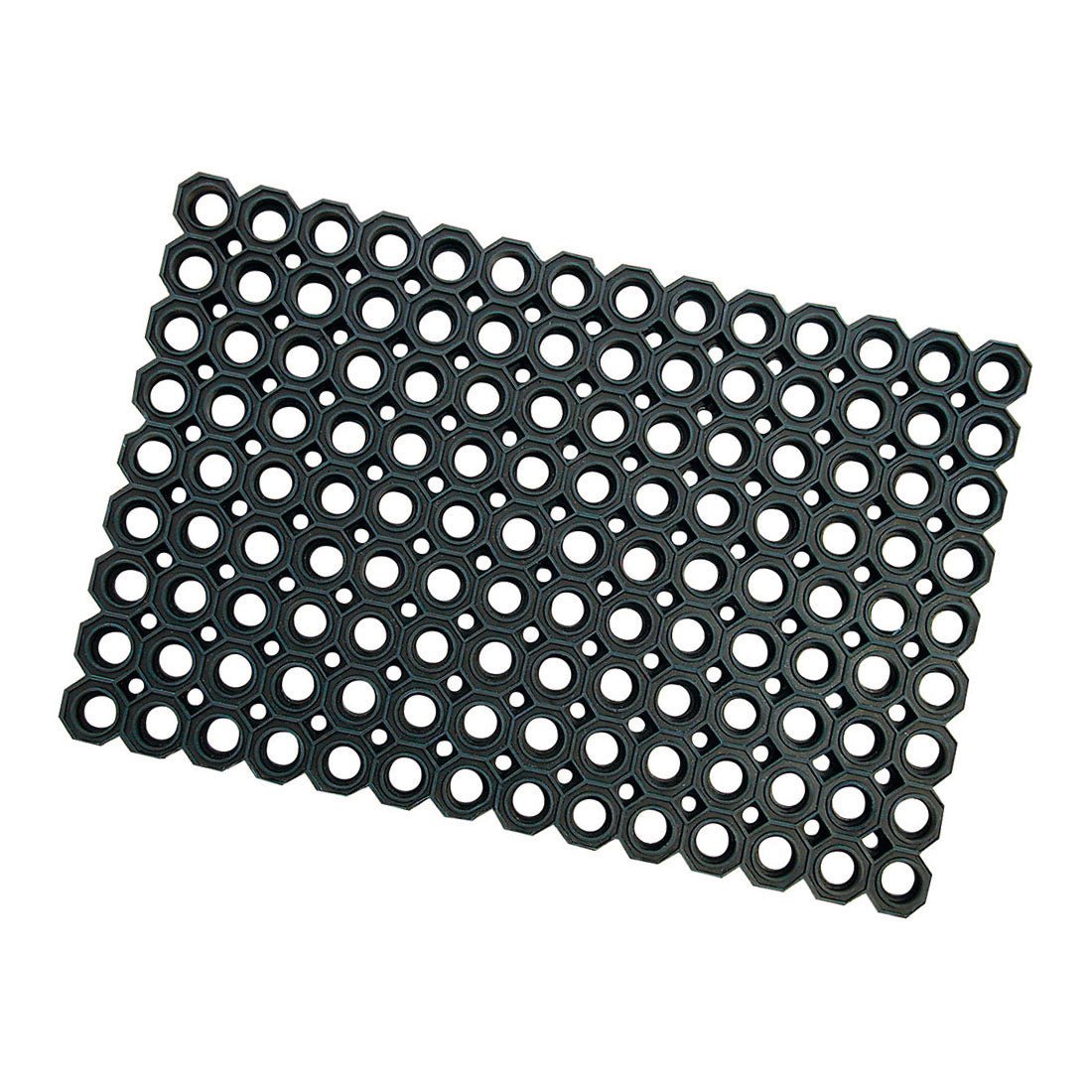 The Nölle Profi Brush rubber honeycomb mat (40x60 cm, 2.3 cm thick) from Nölle Profi Brush Bürsten- & Pinseltechnik e.K. offers increased slip resistance with its black, rectangular design and evenly distributed circular holes.