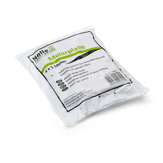 Eine versiegelte Packung Nölle Profi Pinsel Malerplane Extra (4x5 m, 30 my) für Malerarbeiten. Die weiße Verpackung mit schwarzem und grünem mehrsprachigem Text ist ideal für den Bodenschutz.