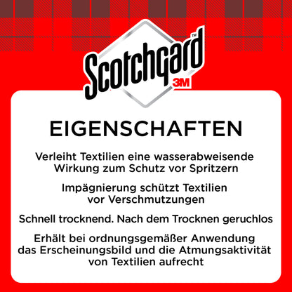 The product label of the Scotchgard™ Textile Protector Spray (400 ml, 3M Deutschland GmbH) shows the Scotchgard 3M logo and a German description of water-repellent protection, stain resistance, and breathability.