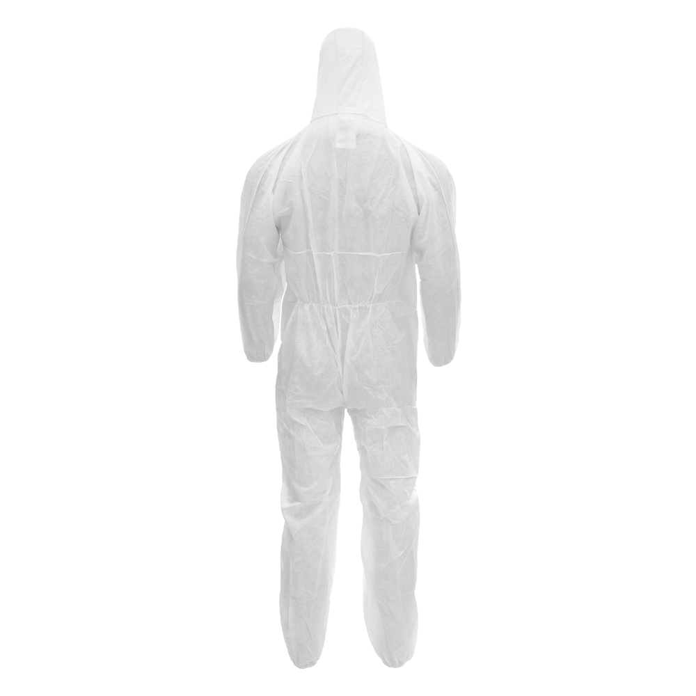 A rear view of the NITRAS PP protective coverall from AS Arbeitsschutz GmbH. It is a white full-body suit with a hood that covers the entire body including legs and arms. This protective clothing made from lightweight, breathable polypropylene looks like disposable clothing, yet it is extremely effective.