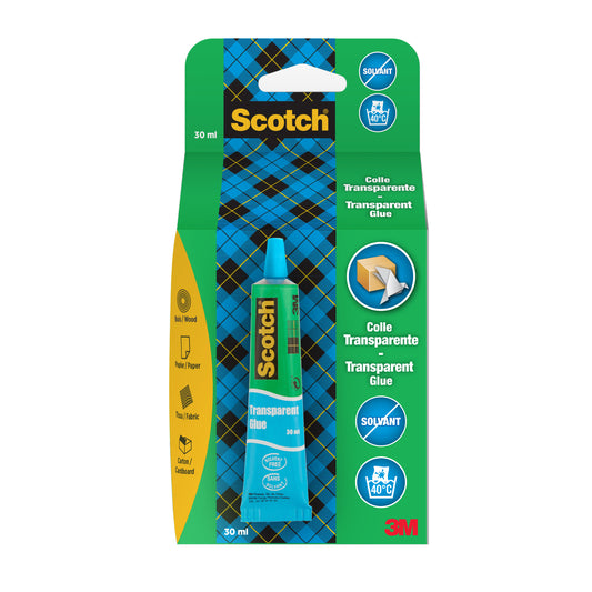 Eine 30-ml-Tube Scotch® transparenter, lösungsmittelfreier Haushaltskleber der 3M Deutschland GmbH, in blau-grüner Verpackung mit gelber und weißer Schrift, mit dem 3M-Logo und Symbolen für den Multimaterialeinsatz.