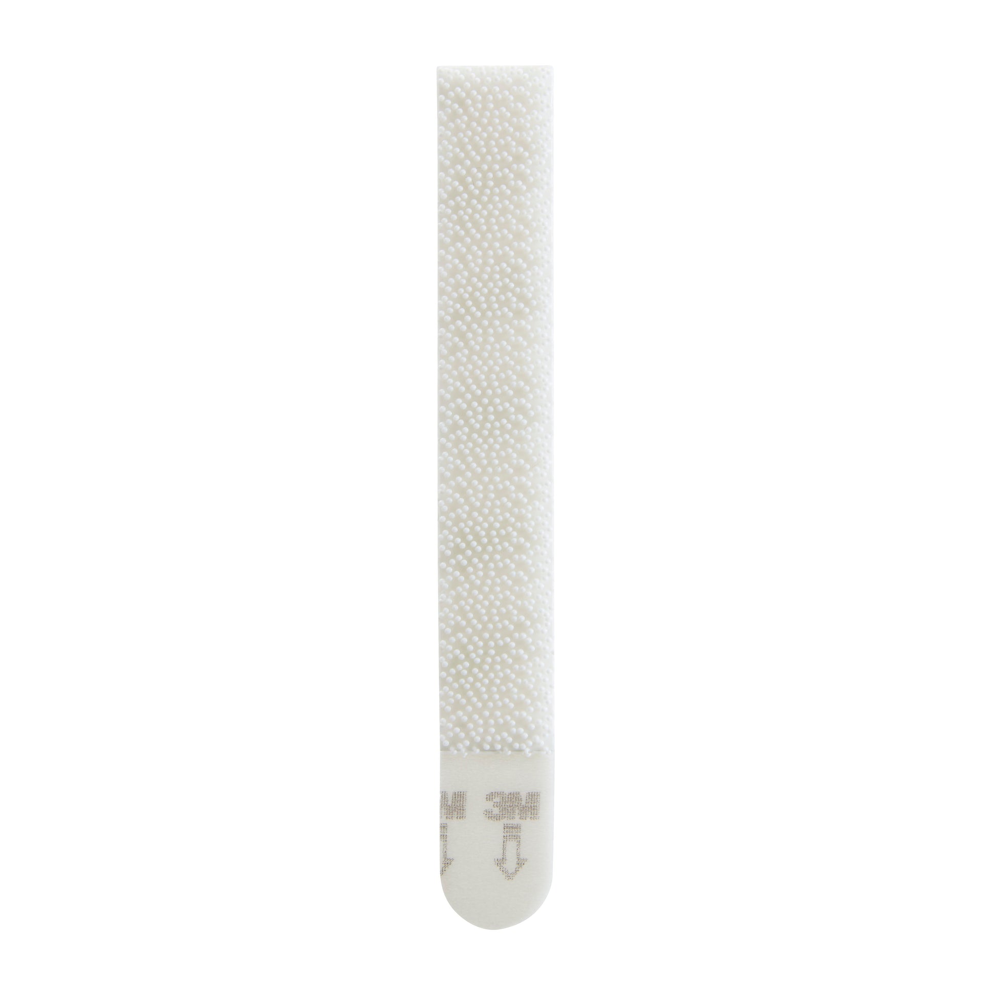 Ein einzelner weißer 3M Command Picture Hanging Strip (10 lb, schmal) mit einer strukturierten Oberfläche, einem abgerundeten Ende und einem grauen 3M-Logo sowie nach unten zeigenden Pfeilen an der Unterseite.