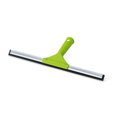 The Nölle Profi Brush window squeegee with aluminum rail from Nölle Profi Brush Bürsten- & Pinseltechnik e.K. with a green handle and black rubber blade is designed for professional window cleaning and is depicted diagonally on a white background.