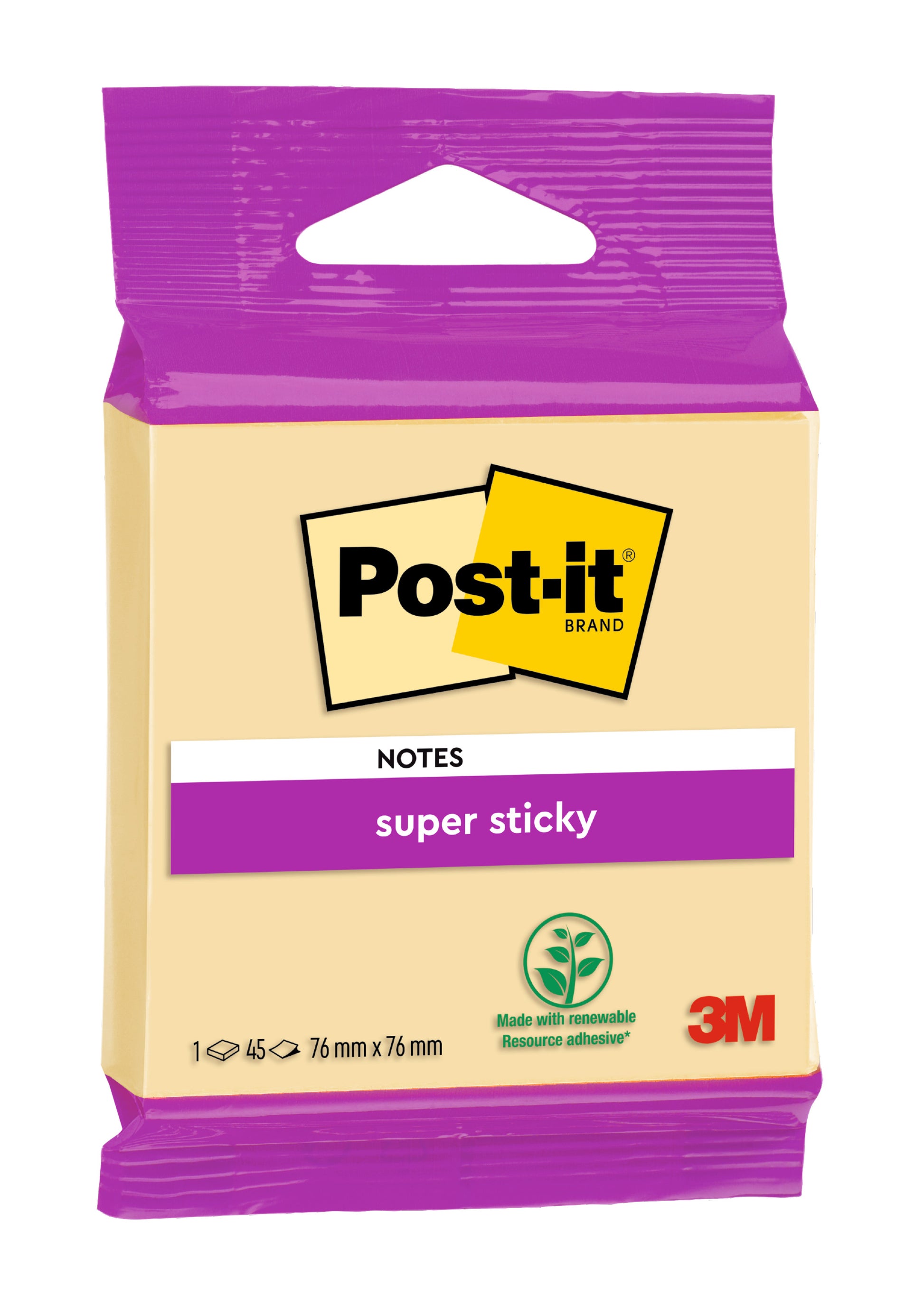 Eine Packung Post-it® Super Sticky Notes der 3M Deutschland GmbH, PEFC-zertifiziert, kommt in einer violetten Verpackung mit Logo und "Super Sticky"-Etikett, im Format 76 mm x 76 mm mit 45 Blatt pro Block.