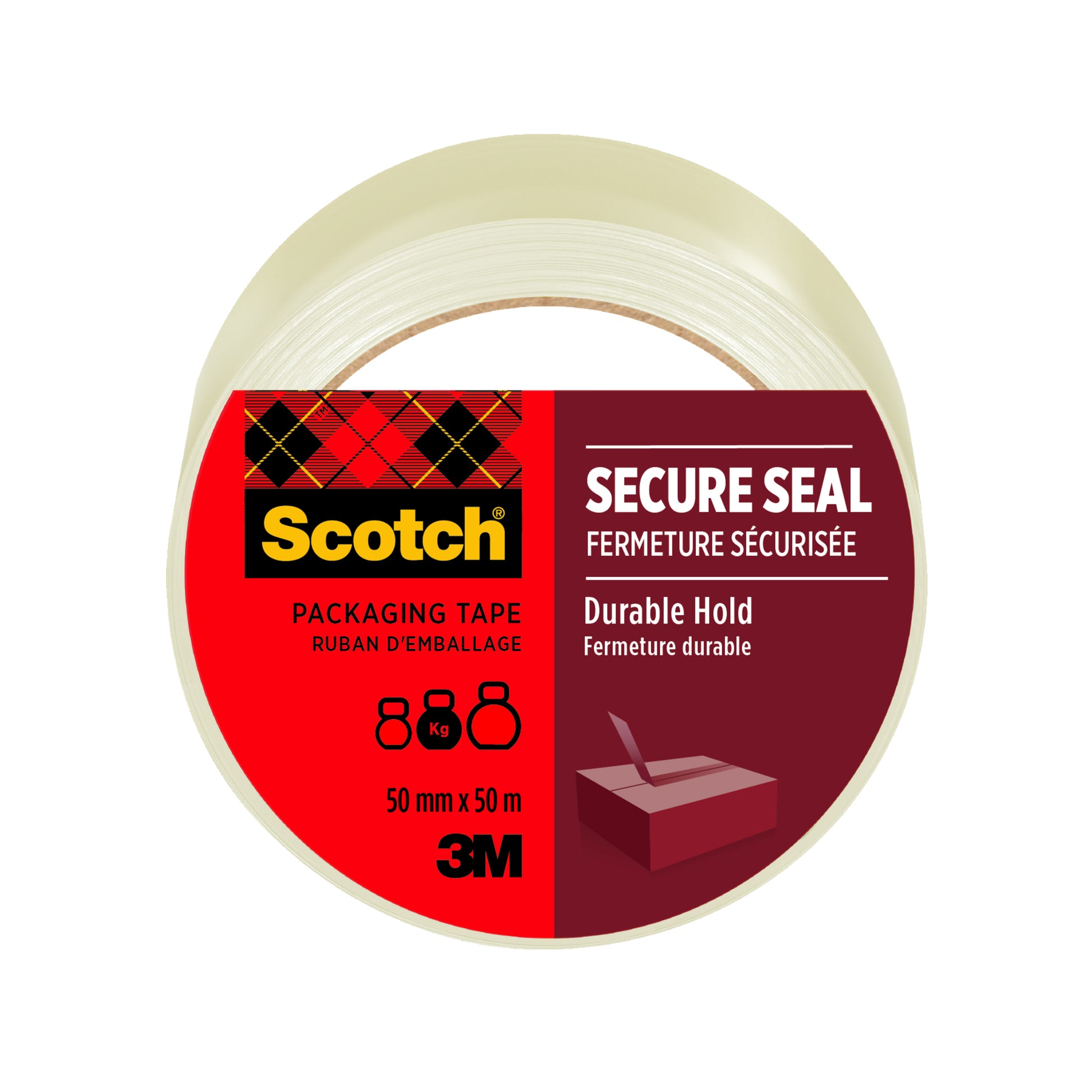 Eine Rolle Scotch® Verpackungsklebeband für einen sicheren Verschluss, 50 mm x 50 m, von 3M Deutschland GmbH, mit einem roten Etikett mit Piktogrammen, zweisprachigem Text (englisch/französisch) und den Aufschriften "SECURE SEAL" und "Durable Hold".