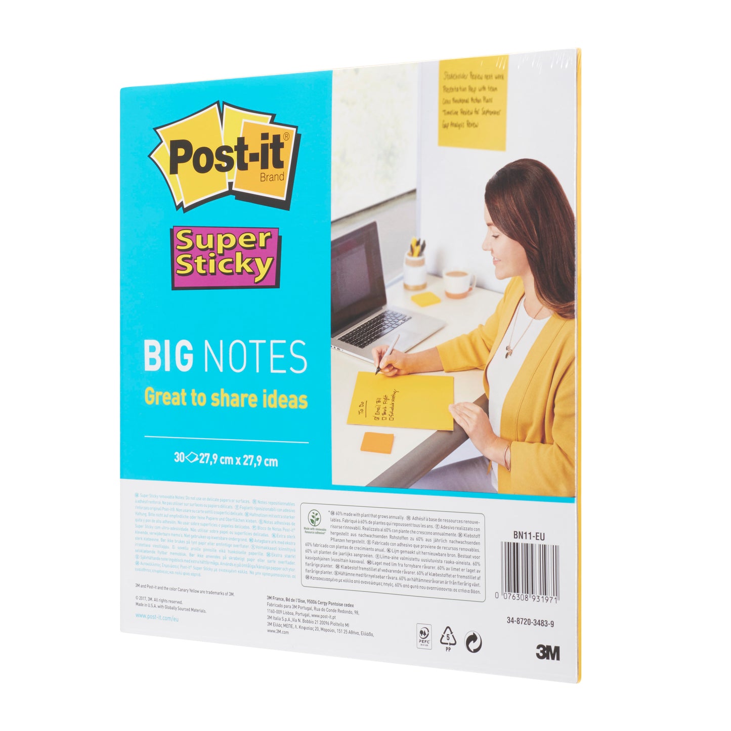Pictured is a pack of 3M Post-it® Super Sticky Big Notes BN11-EU (279 mm x 279 mm, Yellow, 30 sheets/block, 1 block/pack, 100% PEFC-certified) with blue and yellow labeling and a woman writing on yellow sticky notes at a laptop.