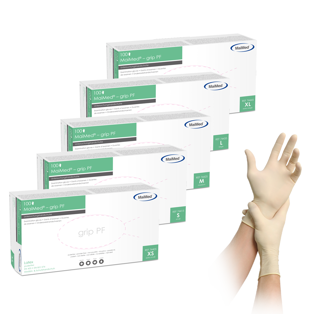 MaiMed-grip PF, non-sterile, powder-free latex examination gloves