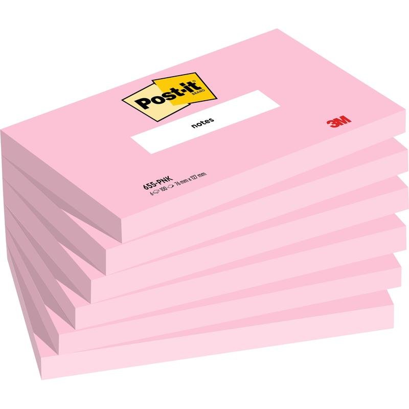A stack of six pink Post-it® notes (76 x 127 mm, 100 sheets/block, 100% PEFC) from 3M Deutschland GmbH, with each block having the "Post-it" logo on top and the "3M" inscription at the bottom right.