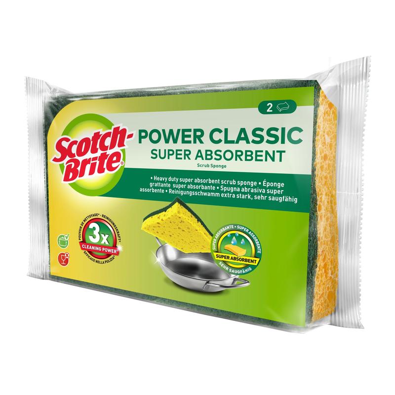 A pack of Scotch-Brite® Classic Cleaning Sponge from 3M Deutschland GmbH contains 2 yellow sponges with a green abrasive layer, which are extra strong and have 3x cleaning power.
