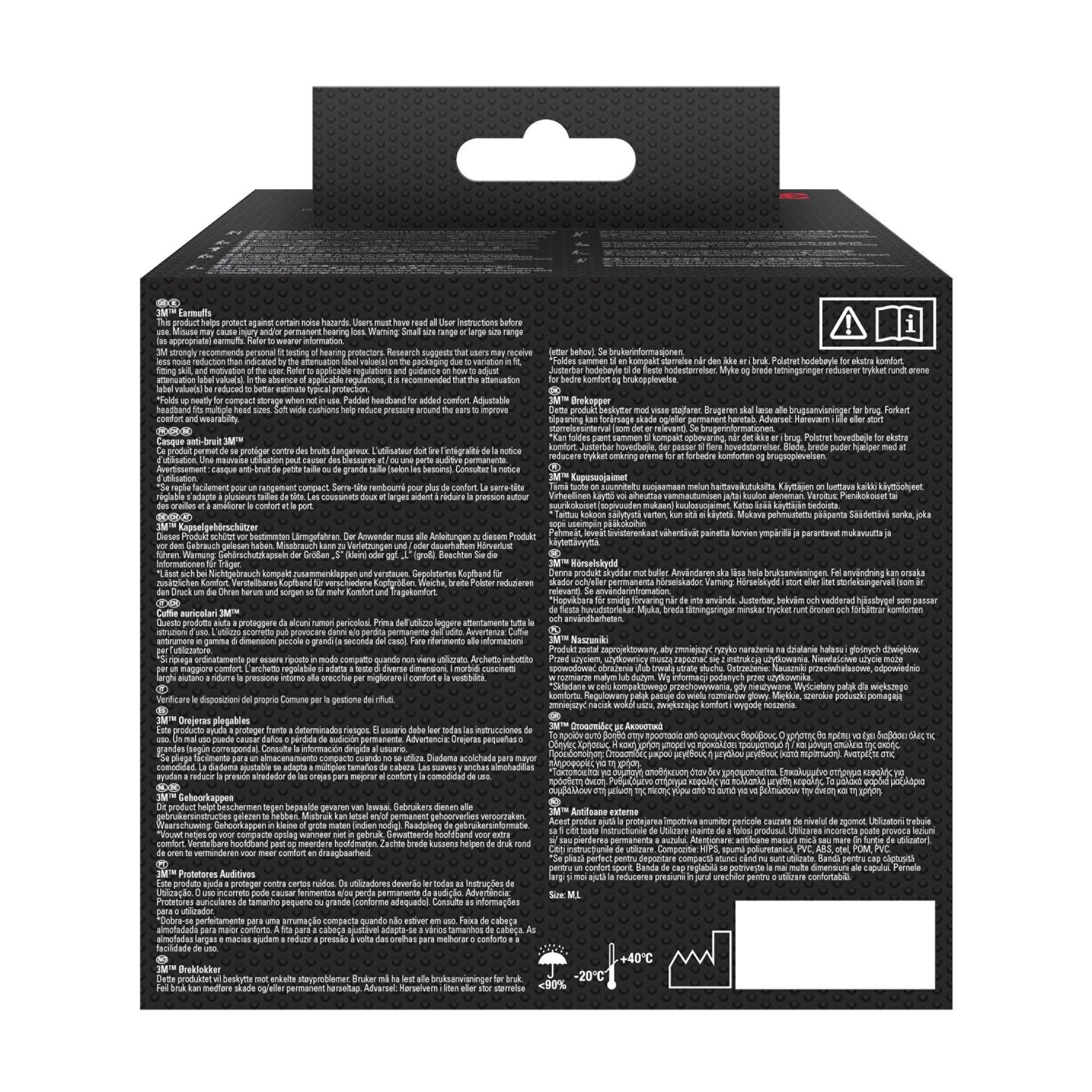 Die Rückseite des schwarzen 3M™ Kapselgehörschützers 90563E (SNR 30 dB, 1 Stück, 3M Deutschland GmbH) ist mit einer Aufhängelasche, weißen mehrsprachigen Textblöcken, Sicherheitssymbolen und einer Temperaturtabelle mit Produktdetails und Anweisungen versehen.