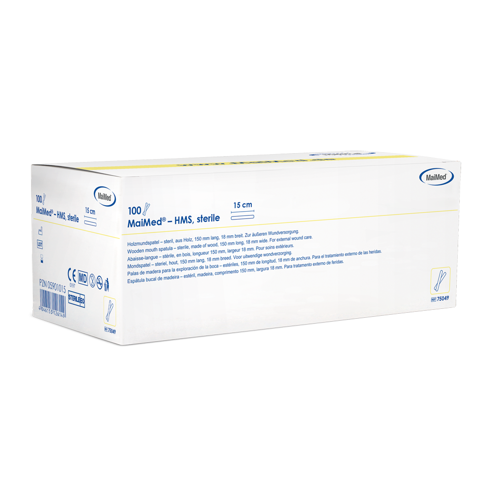 MaiMed - HMS sterile wooden mouth depressor, 15cm long, 100x1 pcs. sterile packed | Box (100 pieces)
