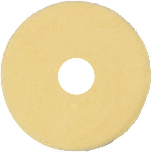 Ein rundes, flaches, gelbes TASKI Contact Pad 4 Stk. der Diversey Deutschland GmbH & Co. OHG mit Mittelloch für den professionellen Einsatz mit Reinigungsmaschinen, von oben auf weißem Hintergrund dargestellt.