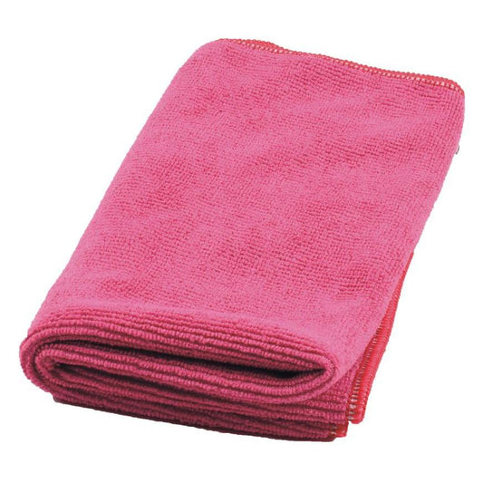 Ein gefaltetes rosa TASKI MicroQuick Mikrofasertuch von Diversey Deutschland, sichtbar strukturiert und mit genähten Kanten vor weißem Hintergrund – hochwertig & robust, ideal für effiziente Reinigung (5 Stk.).