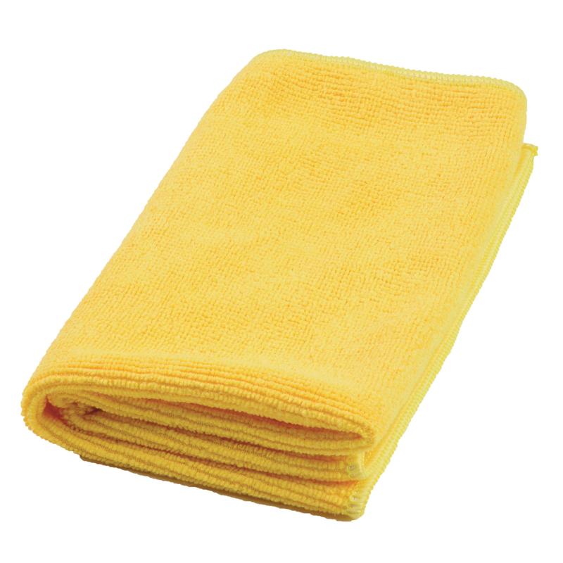 A folded yellow TASKI MicroQuick microfiber cloth from Diversey Deutschland GmbH & Co. OHG (5 pieces) lies on a white background – a high-quality and robust microfiber cloth for efficient cleaning.