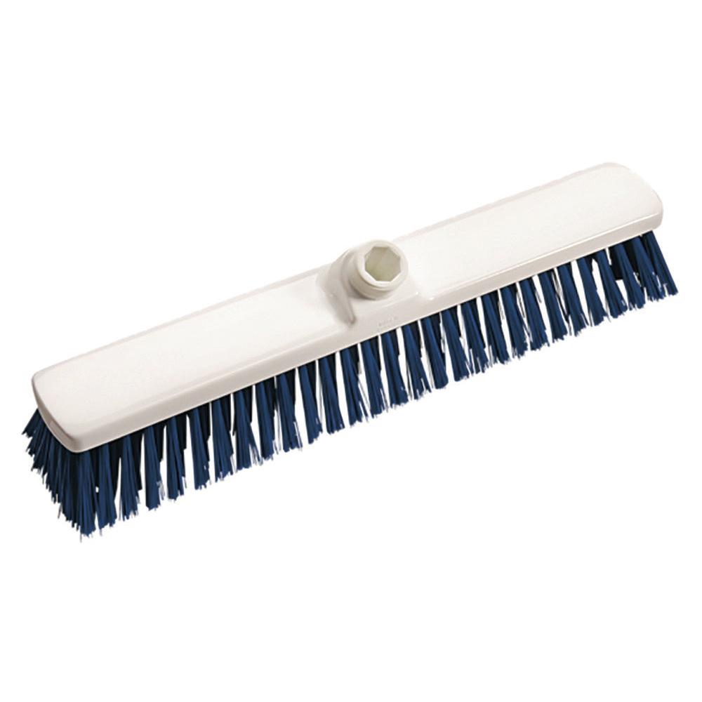 Der Hofbesen 400x60x50 mm, mittelhart, der Diversey Deutschland GmbH & Co. OHG verfügt über einen weißen rechteckigen Kopf mit blauen mittelharten Borsten und einem zentralen Griffloch, ideal für die Reinigung im Freien, abgebildet auf einem schlichten weißen Hintergrund.