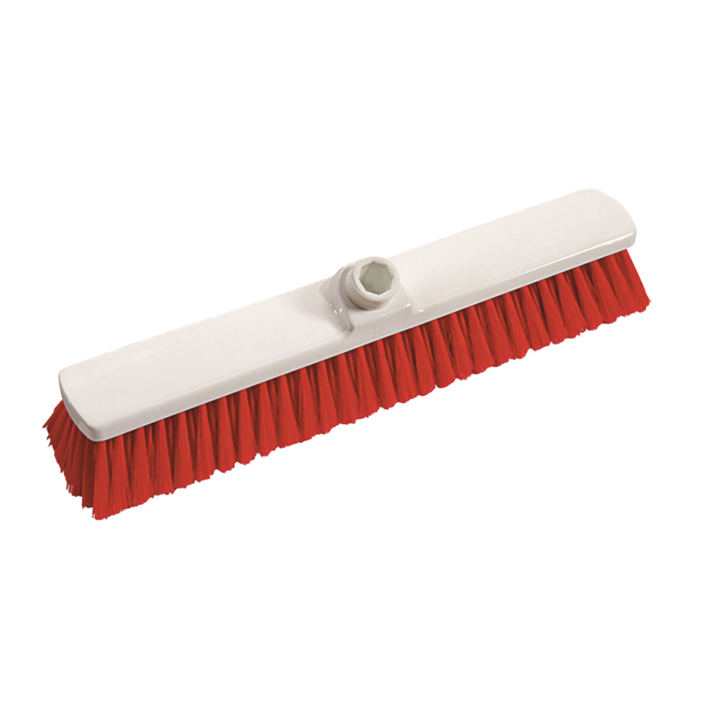 The indoor broom 400x60x50 mm soft from Diversey Deutschland GmbH & Co. OHG features soft bristles, a red-white plastic base, and a central handle holder – ideal for thorough indoor cleaning.
