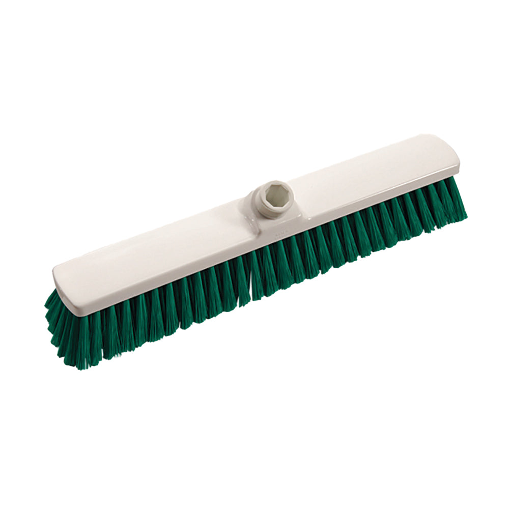 The Diversey indoor broom (400x60x50 mm, soft) has a white rectangular head with green soft bristles and a central threaded hole for handle attachment, making it ideal for indoor cleaning.