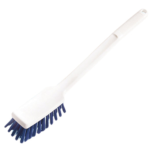 Die Stielbürste 400x48x35 mm, hart der Diversey Deutschland GmbH & Co. OHG verfügt über einen weißen Griff und steife, blaue, abgewinkelte Borsten zum Schrubben, isoliert auf weißem Hintergrund dargestellt.