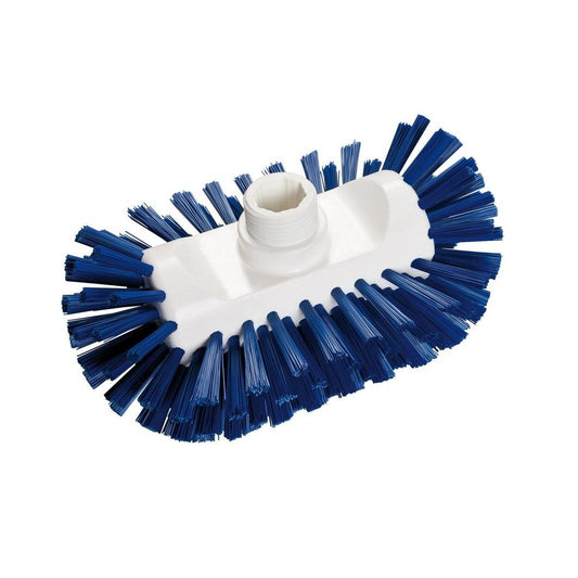 Eine Nahaufnahme der Diversey Tankbürste (Ø 200 x 125 x 35 mm), mit dicht gepackten blauen harten Borsten und einem Gewindeanschluss, ideal für großflächige Reinigung. Geliefert als 1 Stück von Diversey Deutschland GmbH & Co. OHG.