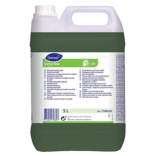 Ein 5-Liter-Behälter Suma Star D1, flüssiges neutrales Handgeschirrspülmittel von Diversey Deutschland GmbH & Co. OHG verfügt über einen weißen Deckel, ein mehrsprachiges Etikett und eine grüne Flüssigkeit für gründliches manuelles Geschirrspülen.