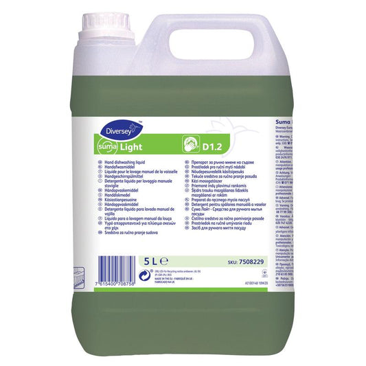 Ein 5-Liter-Kunststoffbehälter Suma Light D1.2 Handgeschirrspülmittel von Diversey Deutschland GmbH & Co. OHG entfernt Fett und Schmutz für strahlend sauberes Geschirr; Das Etikett enthält Produktinformationen und Anweisungen in mehreren Sprachen.