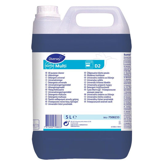 Ein 5-Liter-Kunststoffbehälter der Diversey Deutschland GmbH & Co. OHG Suma Multi D2 Universalreiniger (aluminiumsicher) mit blauer Flüssigkeit und einem blau-weißen mehrsprachigen Etikett für die professionelle Reinigung.