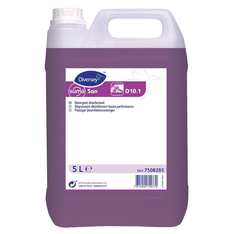 A 5-liter canister of Suma San D10.1 disinfectant cleaner from Diversey Deutschland GmbH & Co. OHG, with purple liquid and a multilingual white label - ideal for hygiene in healthcare.
