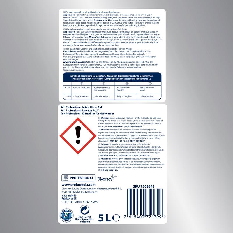 Image of a SUN Professional Rinse Aid for Hard Water label with usage instructions in multiple languages. Designed for commercial dishwashers, it prevents lime deposits. The label contains safety symbols, a hazardous substance warning, product details, and contact information of the brand Diversey Deutschland GmbH & Co. OHG.