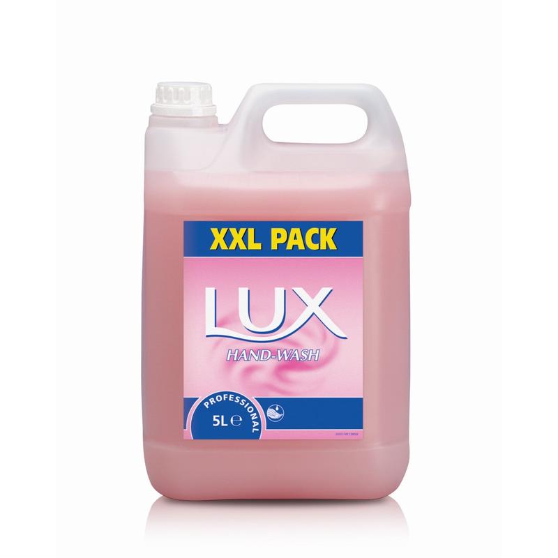 Ein 5-Liter-Kunststoffbehälter mit rosa LUX Pro Formular Hand-Wash Seife von Diversey Deutschland GmbH & Co. OHG, mit Griff und Schraubverschluss oben links, auf weißem Hintergrund.