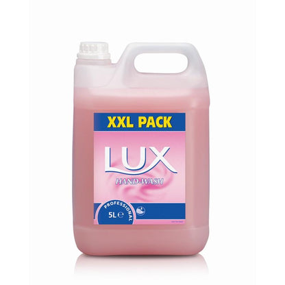 A 5-liter plastic container with pink LUX Pro Formula Hand-Wash Soap by Diversey Deutschland GmbH & Co. OHG, with handle and screw cap on the top left, on a white background.